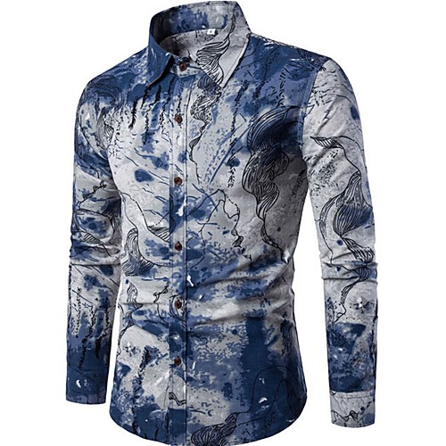 

Men's Going out Weekend Chinoiserie Linen Slim Shirt - Abstract Print Spread Collar Blue / Long Sleeve