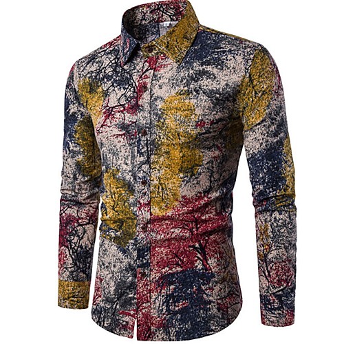 

Men's Going out Club Boho / Chinoiserie Linen Shirt - Trees / Leaves Standing Collar Rainbow / Long Sleeve