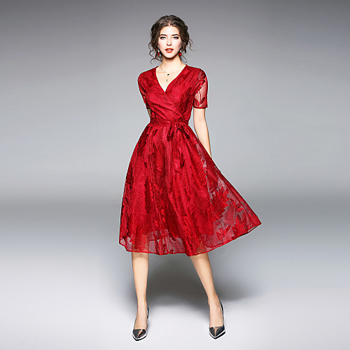 

Жен. На выход Уличный стиль С летящей юбкой Платье - Однотонный V-образный вырез Средней длины Красный
