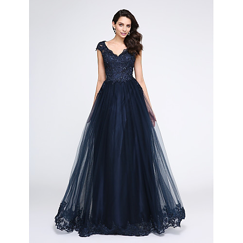 

A-Line V Neck Floor Length Tulle / Beaded Lace / Lace Bodice Elegant / Blue Prom / Formal Evening Dress with Appliques 2020