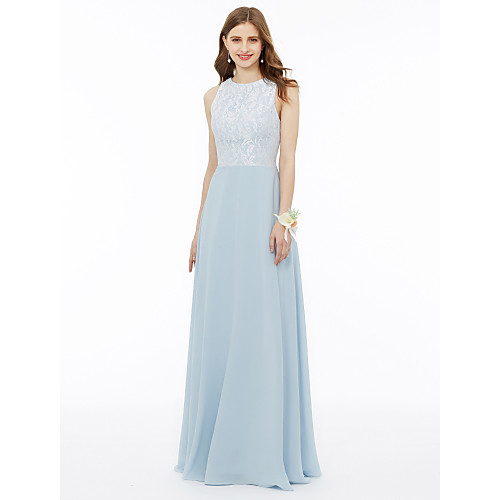 

A-Line / Ball Gown Jewel Neck Floor Length Chiffon / Metallic Lace Bridesmaid Dress with Appliques / Draping / Pleats