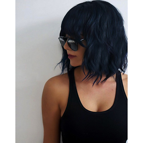 

Synthetic Wig Wavy Kardashian Wavy With Bangs Wig Medium Length Black#1B Synthetic Hair 14 inch Women's Black
