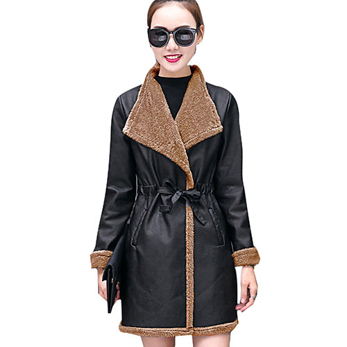 

Women's Going out Street chic Fall / Winter Plus Size Regular Leather Jacket, Solid Colored / Color Block Shirt Collar Long Sleeve PU / Polyester Brown / Gray / Khaki