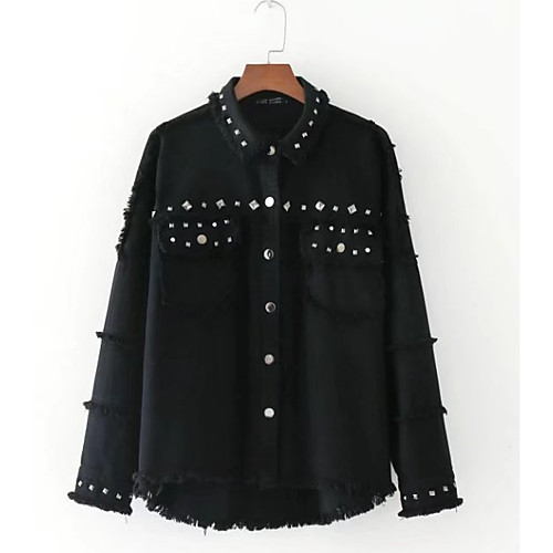 

Women's Daily Active Spring Regular Denim Jacket, Solid Colored Shirt Collar Long Sleeve Polyester Black S / M / L