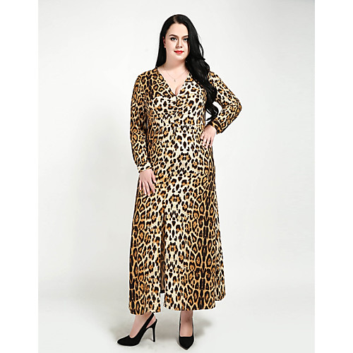 

Women's Maxi Plus Size Brown Dress Vintage Spring Party Club A Line Shift Sheath Leopard V Neck Ruched Split XXL XXXL / Sexy