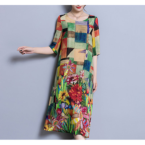

Жен. Большие размеры Шинуазери (китайский стиль) Свободный силуэт Платье - Контрастных цветов, Пэчворк U-образный вырез Средней длины