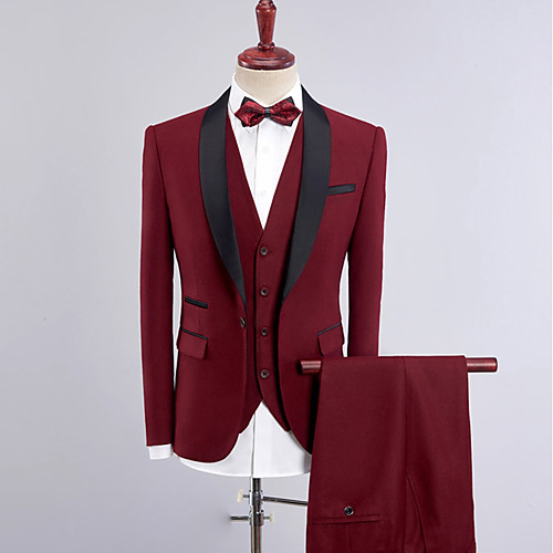 

Men's Party Burgundy Suits, Solid Colored Peaked Lapel Long Sleeve Polyester Wine / Army Green / Khaki