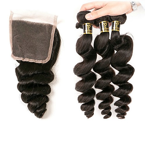 

3 комплекта с закрытием Бразильские волосы Волнистый Свободные волны 10A Натуральные волосы 100% Remy Hair Weave Bundles Черный Естественный цвет Ткет человеческих волос