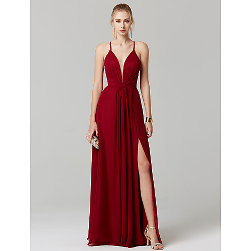 

Sheath / Column Chic & Modern Elegant Beautiful Back Prom Formal Evening Dress Plunging Neck Sleeveless Floor Length Chiffon with Pleats Split Front 2020