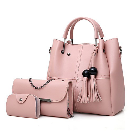 

Women's Chain / Tassel Leather Bag Set Solid Color 3 Pcs Purse Set Black / Dark Brown / Wine