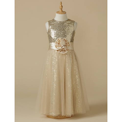 

А-силуэт До щиколотки Детское праздничное платье - Тюль / Пайетки Без рукавов Круглый вырез с Пайетки / Пояс / лента / Цветы от LAN TING BRIDE