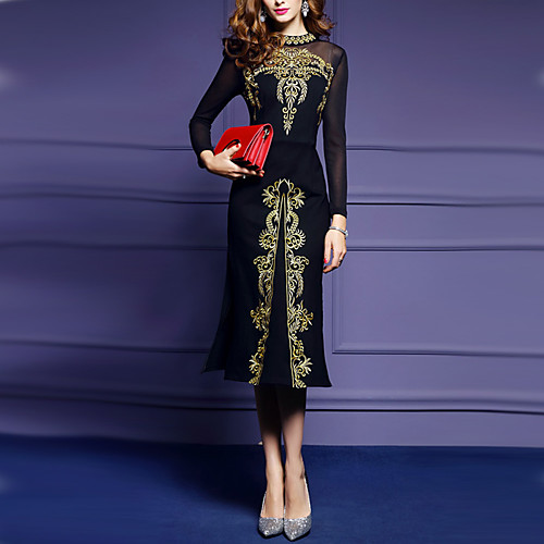 

Women's Plus Size Black Sheath Dress - Long Sleeve Solid Colored Spring Summer Daily Slim Embroidery Black S M L XL XXL XXXL