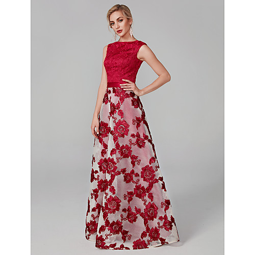

A-Line Boat Neck Floor Length Lace Elegant / Red Prom / Formal Evening Dress with Lace Insert / Embroidery / Appliques 2020