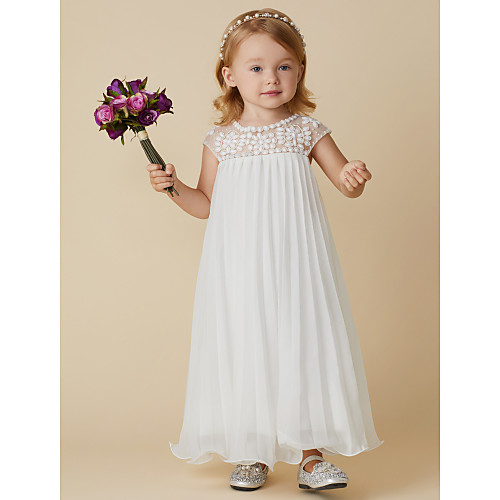 

Sheath / Column Knee Length Flower Girl Dress - Chiffon Short Sleeve Jewel Neck with Beading / Draping / First Communion