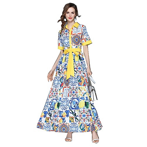 

Women's Maxi Rainbow Dress Basic Street chic Spring Daily Going out Swing Floral Shirt Collar M L