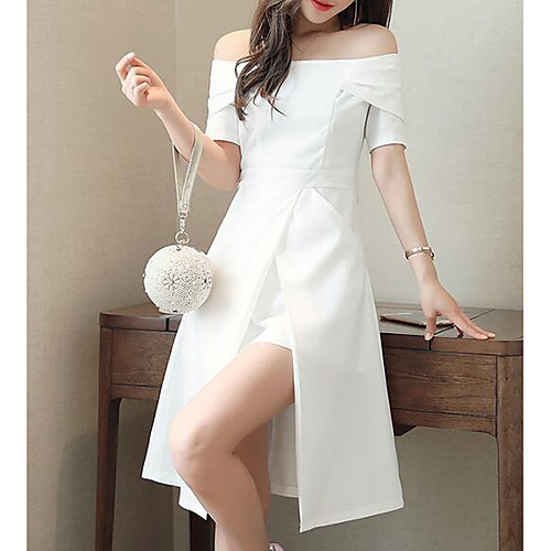 

Жен. Для вечеринок Хлопок Тонкие Оболочка Платье - Однотонный Завышенная Вырез лодочкой До колена / С открытыми плечами