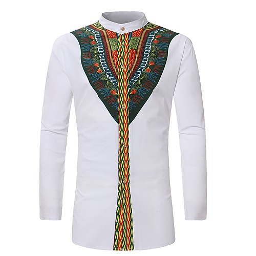 

Men's Daily Vintage Shirt - Tribal Print Standing Collar White / Long Sleeve