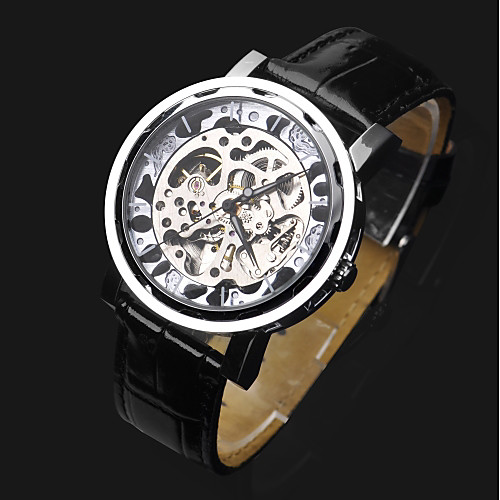 

ASJ Men's Skeleton Watch Wrist Watch Mechanical Watch Automatic self-winding Leather Black Hollow Engraving Analog Luxury Fashion - Silver