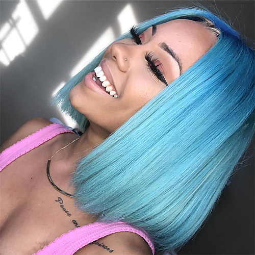 

Remy Human Hair Lace Front Wig Bob Kardashian style Malaysian Hair Straight Blue Wig 130% Density with Baby Hair Silky Women Natural Hairline Bleached Knots Women's Short Human Hair Lace Wig
