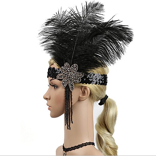 

The Great Gatsby Charleston Vintage 1920s Roaring Twenties Flapper Headband Women's Feather Costume Head Jewelry Black Vintage Cosplay Party Prom Sleeveless