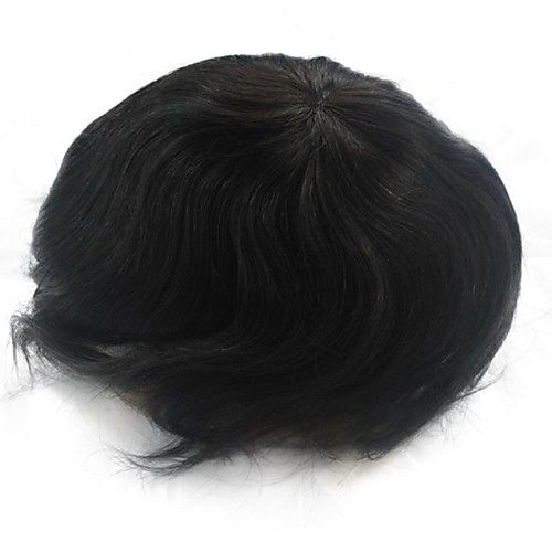 

Men's Remy Human Hair Toupees fine mono in center with poly all around men hair system Straight 100% Hand Tied Comfy