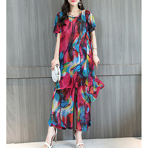

Women's Daily Loose Long Blouse Set - Rainbow, Wide Leg Pant