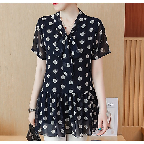 

Жен. На выход Большие размеры - Блуза V-образный вырез Горошек Темно-синий XXXL