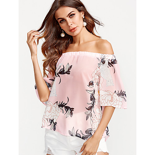 

Жен. Старинный / Цветочный Блуза Вырез лодочкой Цветочный принт Тропический лист Белый M