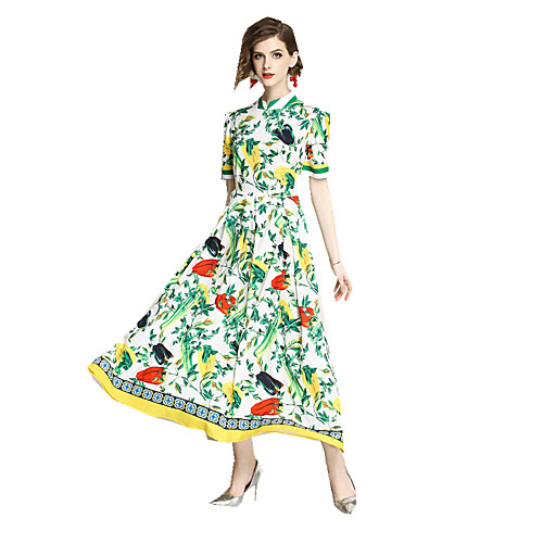 

Women's Floral Maxi Green Dress Chinoiserie Summer Daily Sheath Geometric Print S M
