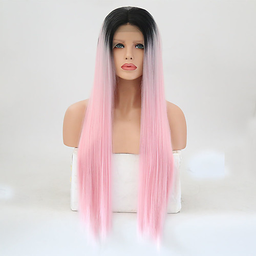 

Synthetic Lace Front Wig Straight Layered Haircut Lace Front Wig Pink Long Black / Pink Synthetic Hair Women's Heat Resistant Pink