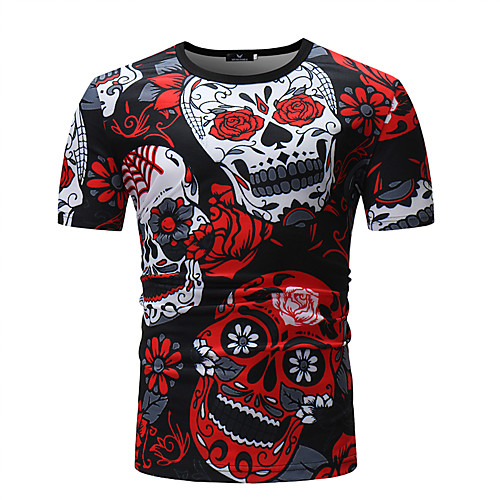 

Men's Cotton T-shirt - Floral / Skull Print Round Neck Red