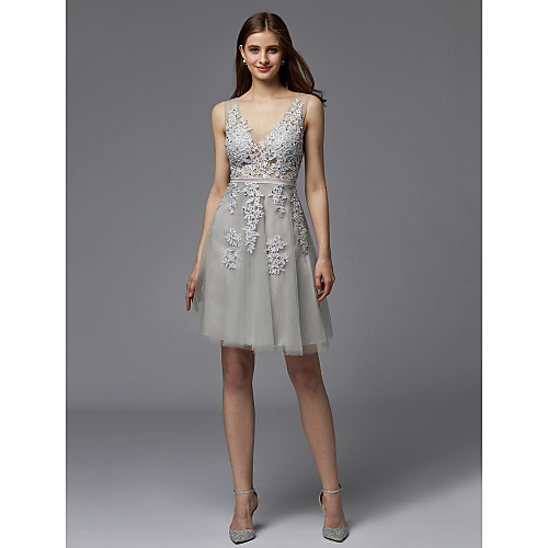 

A-Line V Neck Short / Mini Lace / Tulle Floral / Cute Cocktail Party / Prom Dress with Appliques / Bow(s) 2020 / Illusion Sleeve