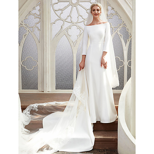 

А-силуэт Bateau Neck С длинным шлейфом Сатин Свадебные платья Made-to-Measure с от LAN TING BRIDE / Королевский стиль