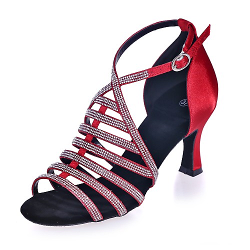 

Women's Dance Shoes Satin Latin Shoes Rhinestone Sandal Flared Heel Silver / Brown / Red / Leather / Practice