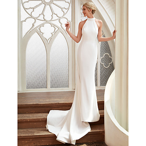 

Sheath / Column Halter Neck Court Train Chiffon / Satin Regular Straps Simple Backless / Elegant Wedding Dresses with 2020 / Royal Style