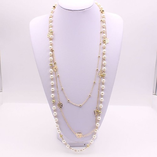 

Women's Layered Necklace Long Necklace Long Double Rosary Chain Flower Ladies Classic Fashion Imitation Pearl Alloy Gold 565 cm Necklace Jewelry 1pc For Daily