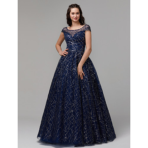 

Ball Gown Illusion Neck Floor Length Tulle / Sequined Sparkle / Blue Prom / Quinceanera Dress with Sequin / Crystals 2020