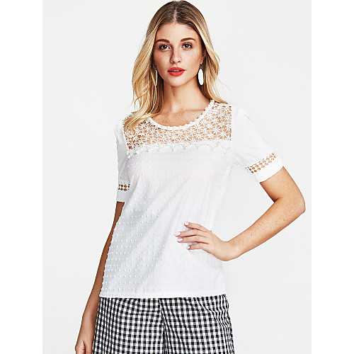 

Women's Daily Going out Street chic Cotton T-shirt - Solid Colored V Neck Beige / Spring / Summer / Lace