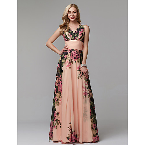 

A-Line V Neck Floor Length Chiffon Floral / Pink Holiday / Wedding Guest Dress with Pattern / Print 2020