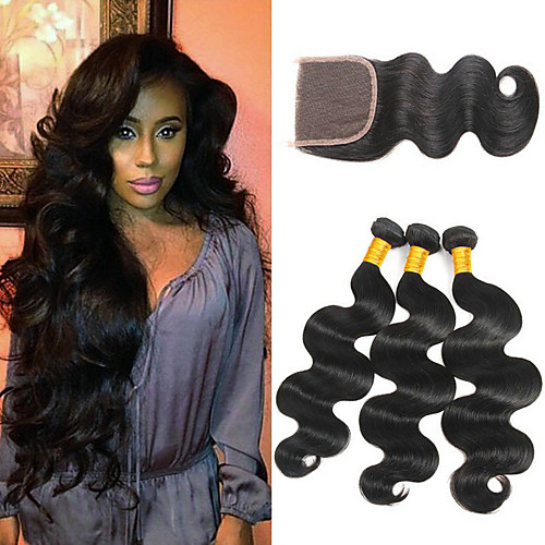 

3 Bundles with Closure Mongolian Hair Wavy Human Hair Extension Human Hair Extensions Hair Weft with Closure 8-24 inch Black Natural Color Human Hair Weaves Natural Best Quality Hot Sale Human Hair