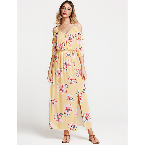 

Women's Maxi Yellow Blue Dress Summer Party Sheath Floral Solid Colored V Neck Split S M Slim High Waist / Cotton / Sexy