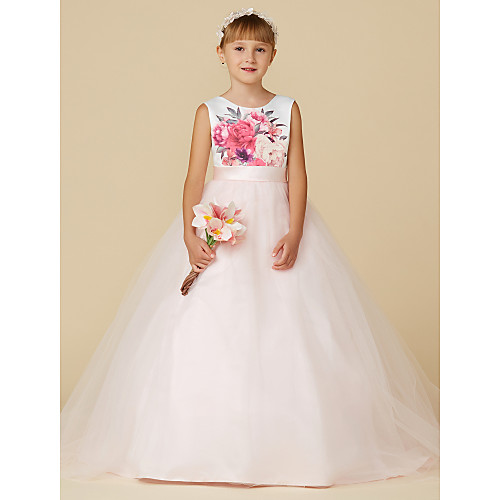 

Princess Sweep / Brush Train Flower Girl Dress - Satin / Tulle Sleeveless Jewel Neck with Sash / Ribbon / Print