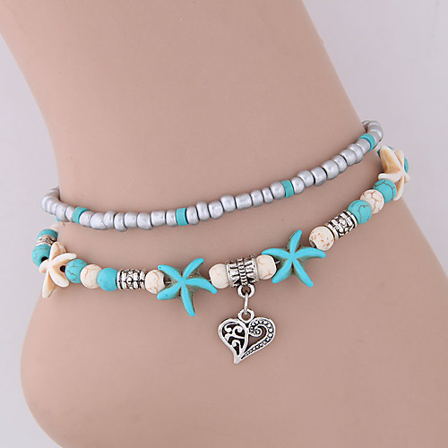 

Women's Ankle Bracelet feet jewelry Beads Double Heart Starfish Hollow Heart Ladies Vintage Holiday Fashion Resin Anklet Jewelry Blue For Bikini