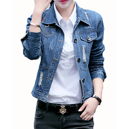 

Women's Daily Basic Fall Regular Denim Jacket, Solid Colored / Contemporary Turndown Long Sleeve Cotton / Polyester Blue L / XL / XXL