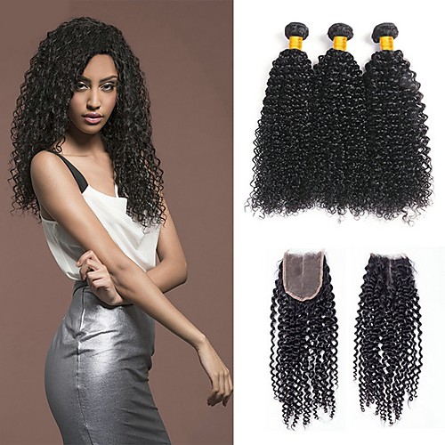 

3 Bundles with Closure Indian Hair Kinky Curly Human Hair Unprocessed Human Hair Natural Color Hair Weaves / Hair Bulk Bundle Hair One Pack Solution 8-20 inch Natural Color Human Hair Weaves Soft New