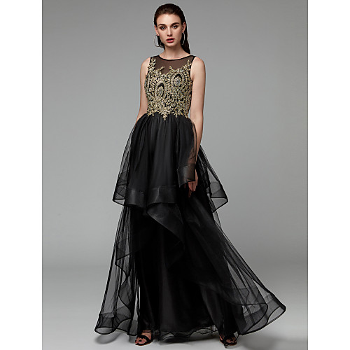 

Ball Gown Jewel Neck Floor Length Lace / Tulle Elegant & Luxurious / See Through / Beaded & Sequin Prom / Black Tie Gala Dress 2020 with Beading / Appliques / Cascading Ruffles