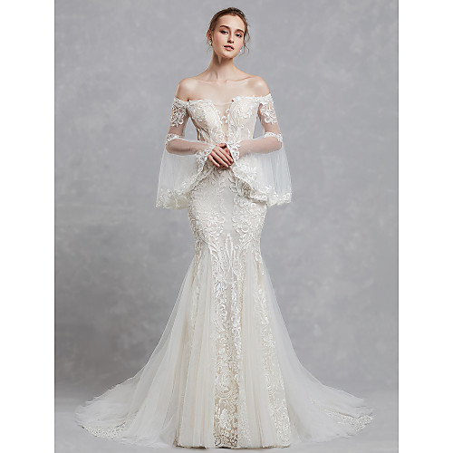 

Mermaid / Trumpet Off Shoulder Court Train Lace / Tulle Long Sleeve Romantic / Mordern Illusion Detail Made-To-Measure Wedding Dresses with Appliques / Lace 2020