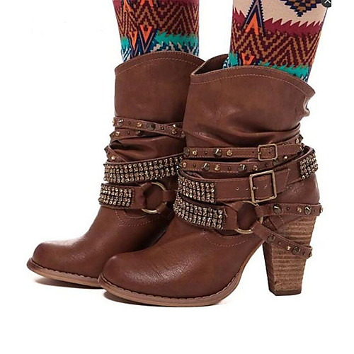 

Жен. Ботинки Fashion Boots На толстом каблуке Заостренный носок Стразы / Заклепки / Пряжки Полиуретан Сапоги до середины икры Наступила зима Кофейный / Коричневый / Хаки