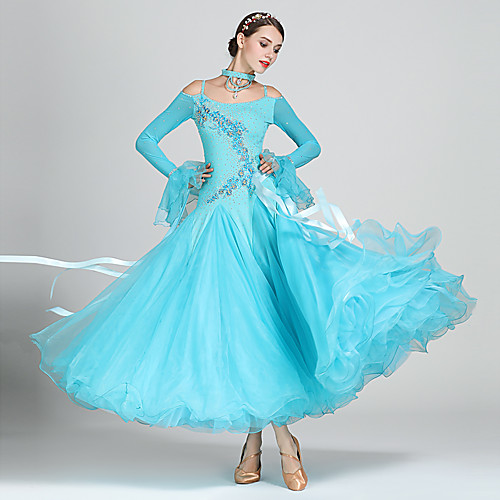 

Ballroom Dance Dresses Women's Performance Spandex / Georgette Appliques / Crystals / Rhinestones Long Sleeve High Dress / Neckwear / Bracelets