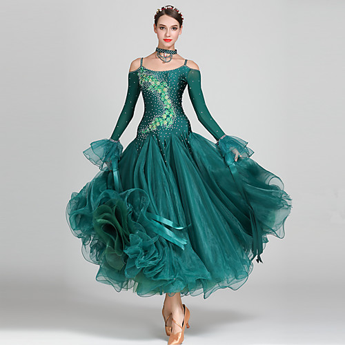 

Ballroom Dance Dresses Women's Performance Spandex / Organza Appliques / Crystals / Rhinestones Long Sleeve High Dress